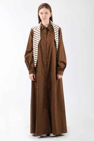 Gömlek Yaka Düğmeli Gabardin Elbise Kahverengi - 3