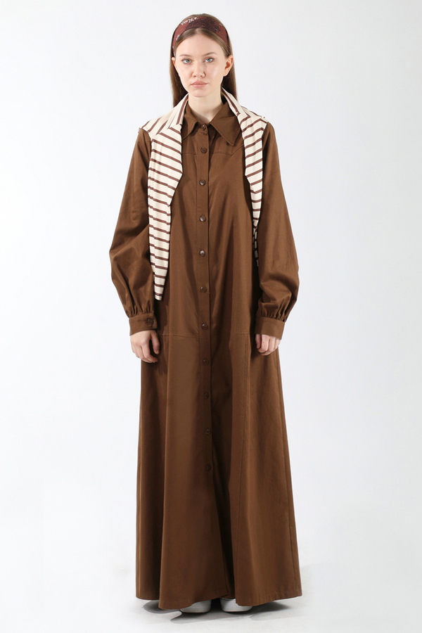 Gömlek Yaka Düğmeli Gabardin Elbise Kahverengi - 3