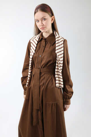 Gömlek Yaka Düğmeli Gabardin Elbise Kahverengi - 4