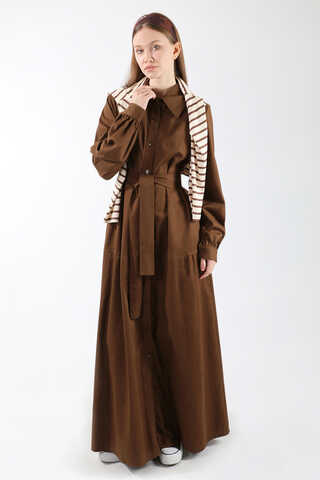 Gömlek Yaka Düğmeli Gabardin Elbise Kahverengi - 5