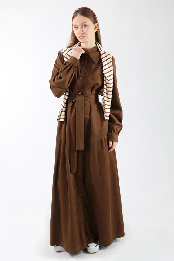 Gömlek Yaka Düğmeli Gabardin Elbise Kahverengi - 5