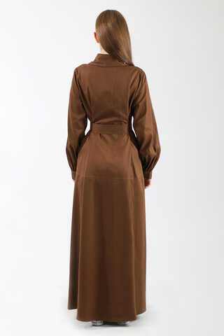 Gömlek Yaka Düğmeli Gabardin Elbise Kahverengi - 6