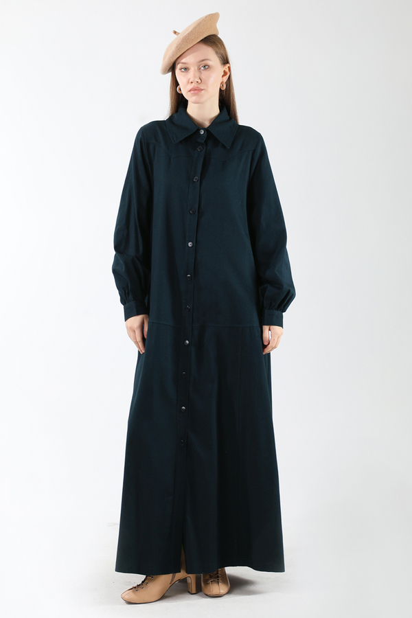 Gömlek Yaka Düğmeli Gabardin Elbise Lacivert - 1