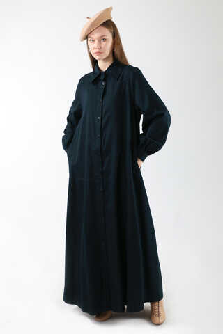 Gömlek Yaka Düğmeli Gabardin Elbise Lacivert - 3