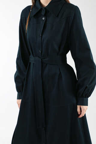 Gömlek Yaka Düğmeli Gabardin Elbise Lacivert - 4