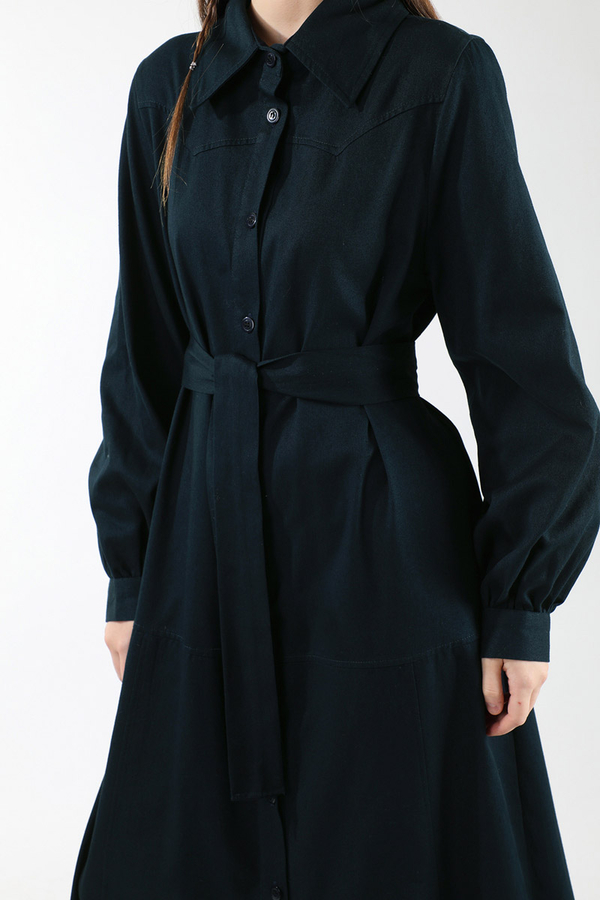 Gömlek Yaka Düğmeli Gabardin Elbise Lacivert - 4