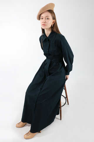 Gömlek Yaka Düğmeli Gabardin Elbise Lacivert - 5