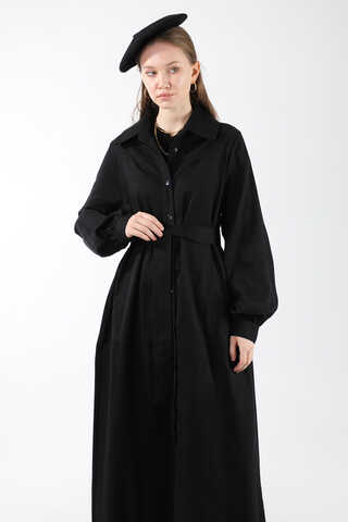 Gömlek Yaka Düğmeli Gabardin Elbise Siyah - 2