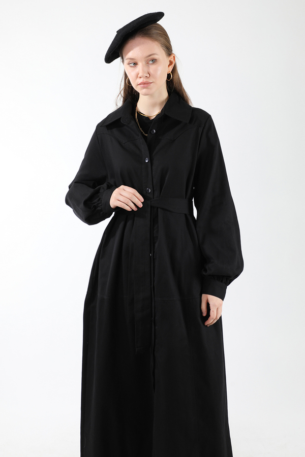 Gömlek Yaka Düğmeli Gabardin Elbise Siyah - 2