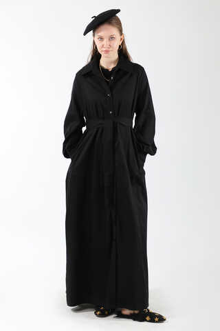 Gömlek Yaka Düğmeli Gabardin Elbise Siyah - 3