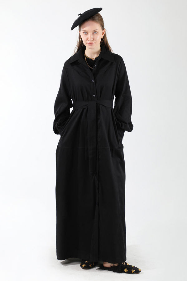 Gömlek Yaka Düğmeli Gabardin Elbise Siyah - 3