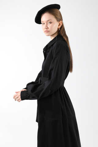 Gömlek Yaka Düğmeli Gabardin Elbise Siyah - 4