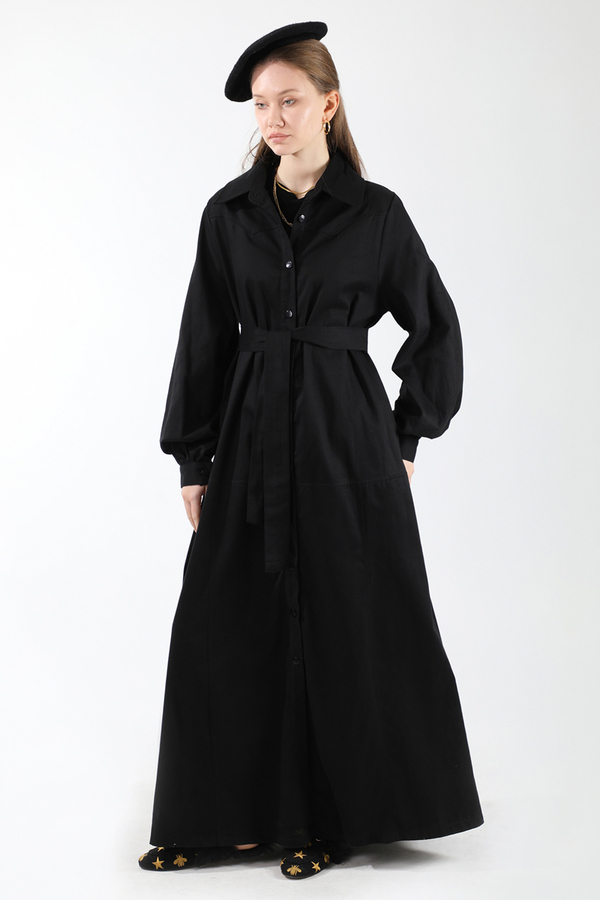 Gömlek Yaka Düğmeli Gabardin Elbise Siyah - 5