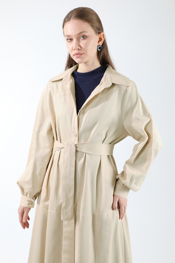 Gömlek Yaka Düğmeli Gabardin Elbise Taş - 2