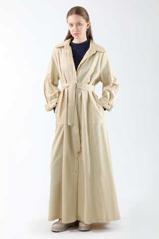 Gömlek Yaka Düğmeli Gabardin Elbise Taş - 5