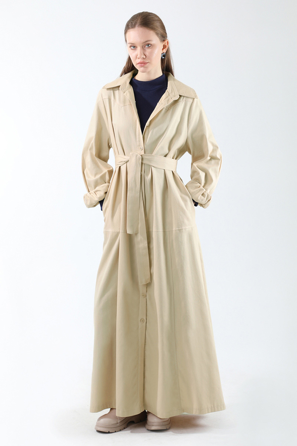 Gömlek Yaka Düğmeli Gabardin Elbise Taş - 5