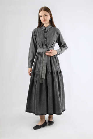 Gömlek Yaka Düğmeli Kot Elbise Antrasit - 1