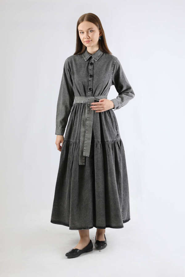Gömlek Yaka Düğmeli Kot Elbise Antrasit - 1