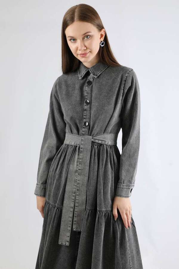Gömlek Yaka Düğmeli Kot Elbise Antrasit - 2