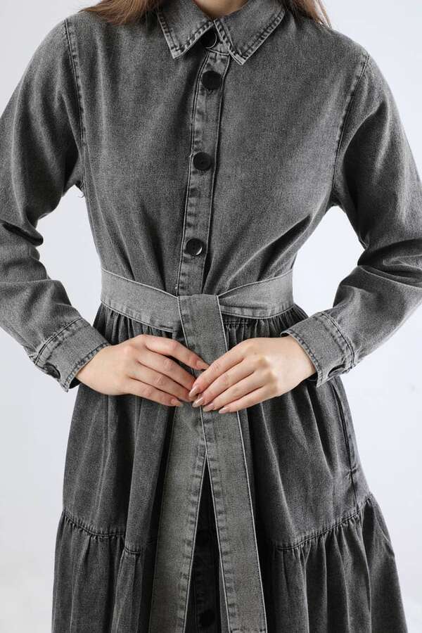 Gömlek Yaka Düğmeli Kot Elbise Antrasit - 4