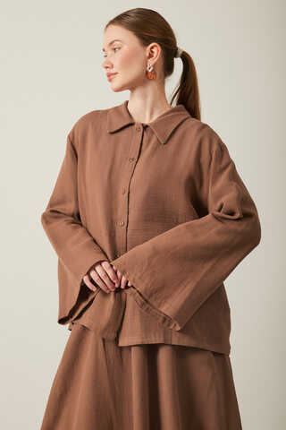 Gömlek Yaka Müslin Takım Kahverengi - 3