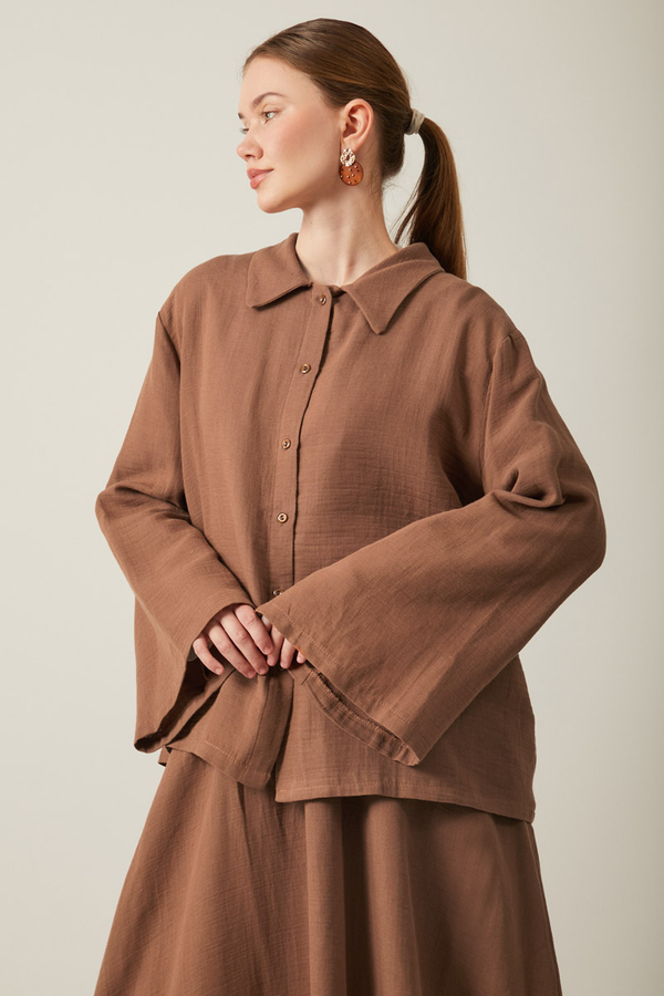 Gömlek Yaka Müslin Takım Kahverengi - 3