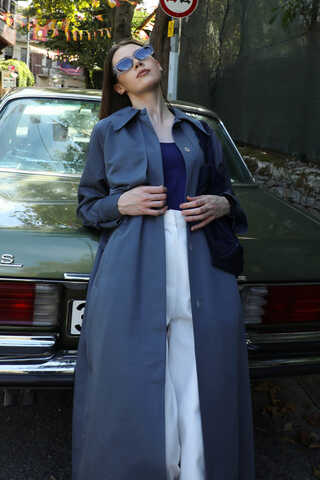 Gömlek Yaka Trençkot İndigo - 2