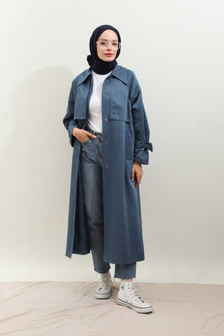 Gömlek Yaka Trençkot İndigo - 4