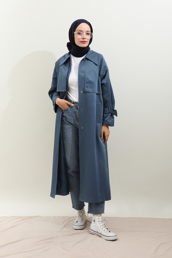 Gömlek Yaka Trençkot İndigo - 4