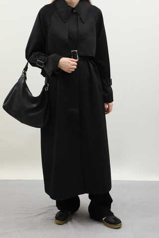 Gömlek Yaka Trençkot Siyah - 9