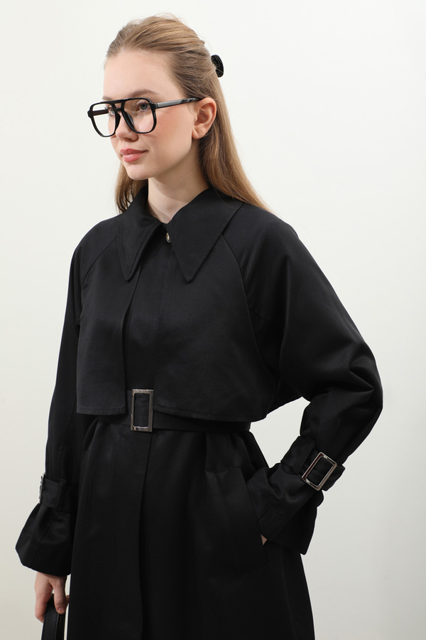 Gömlek Yaka Trençkot Siyah - 1