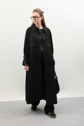 Gömlek Yaka Trençkot Siyah - 3