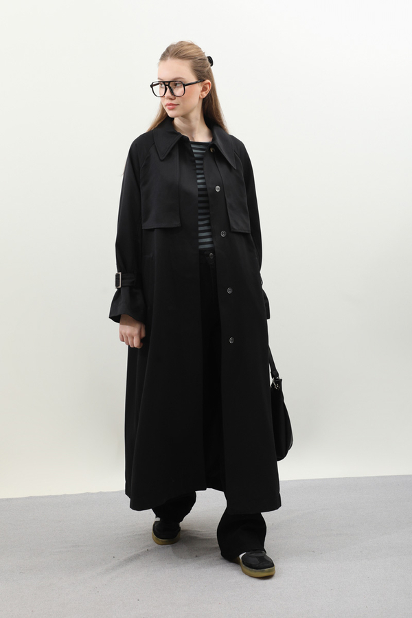 Gömlek Yaka Trençkot Siyah - 3