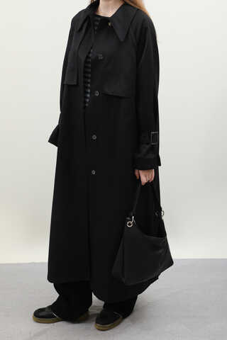 Gömlek Yaka Trençkot Siyah - 4