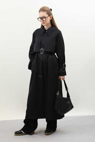 Gömlek Yaka Trençkot Siyah - 7