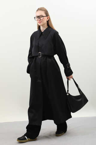 Gömlek Yaka Trençkot Siyah - 8