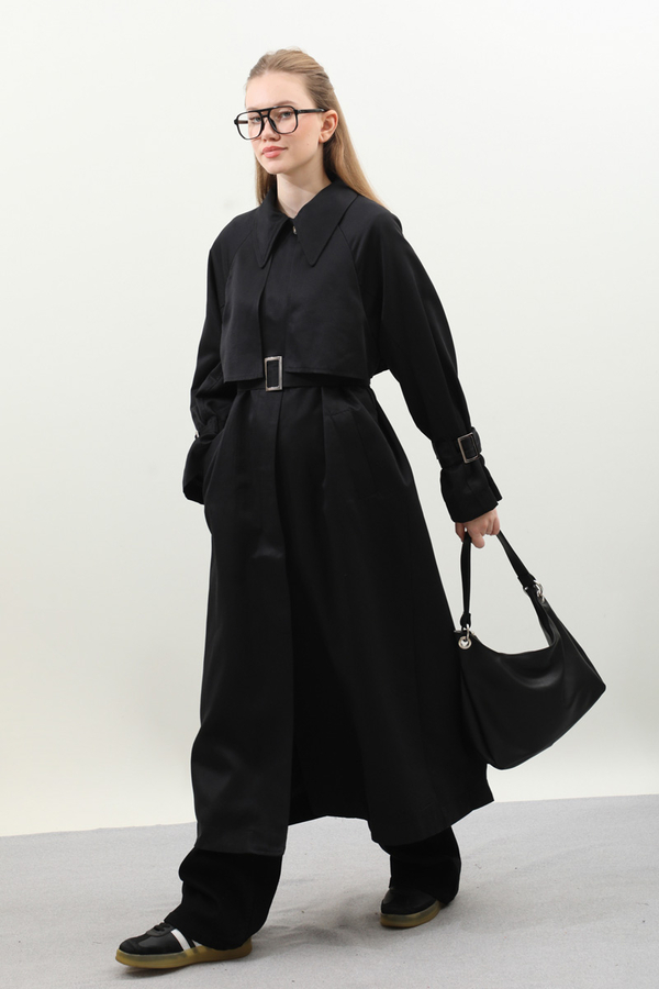 Gömlek Yaka Trençkot Siyah - 8