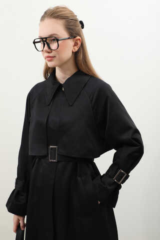 Gömlek Yaka Trençkot Siyah - 1