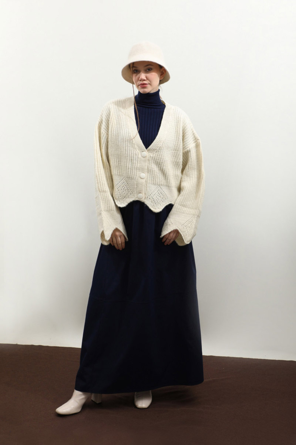 Gözenek Desenli Hırka Krem - 1