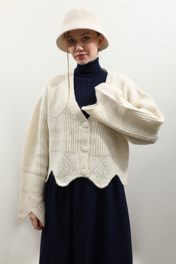 Gözenek Desenli Hırka Krem - 4