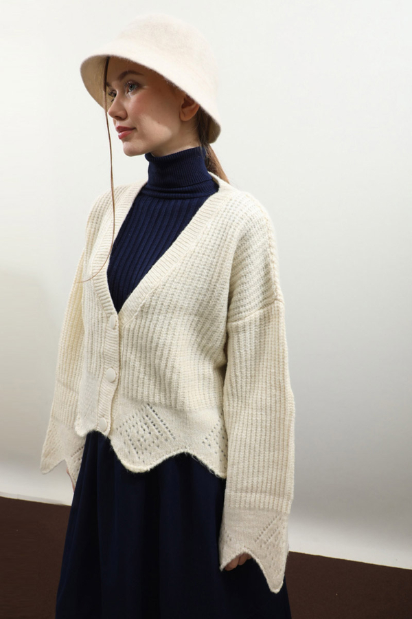 Gözenek Desenli Hırka Krem - 6