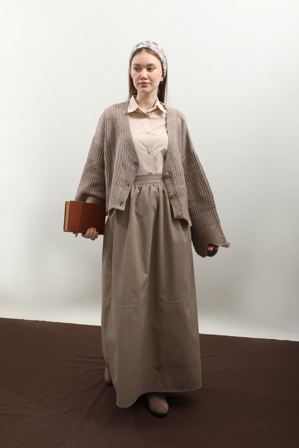 Gözenek Desenli Hırka Vizon - 3