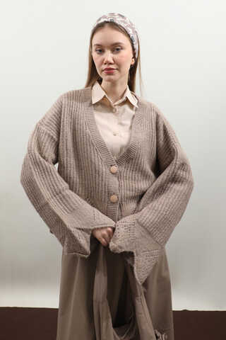 Gözenek Desenli Hırka Vizon - 6