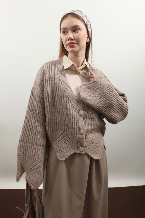 Gözenek Desenli Hırka Vizon - 1