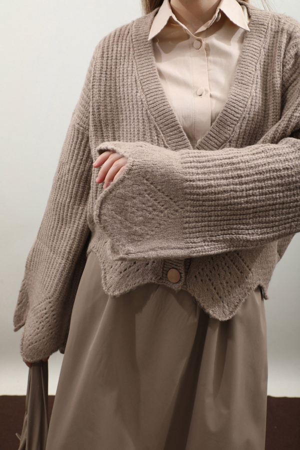 Gözenek Desenli Hırka Vizon - 7