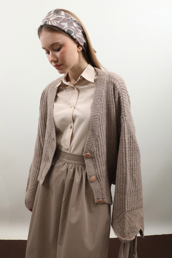 Gözenek Desenli Hırka Vizon - 4