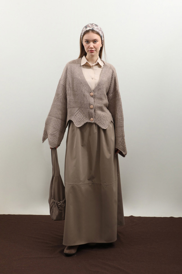 Gözenek Desenli Hırka Vizon - 5