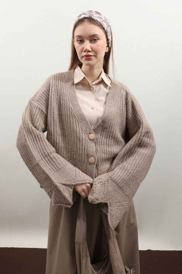 Gözenek Desenli Hırka Vizon - 6