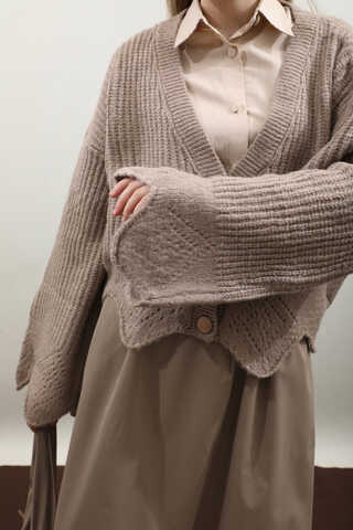 Gözenek Desenli Hırka Vizon - 7