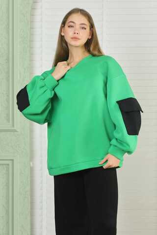 Green Oversize Sweat with Pocket on Sleeves - 4